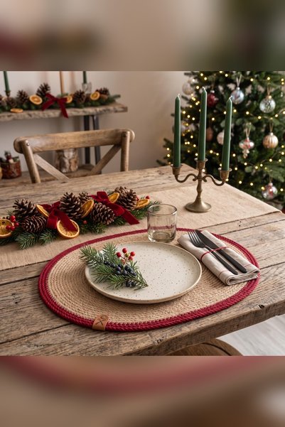 Homever 2-Piece Oval Jute Placemat Set - Red Striped Christmas Wicker Placema...