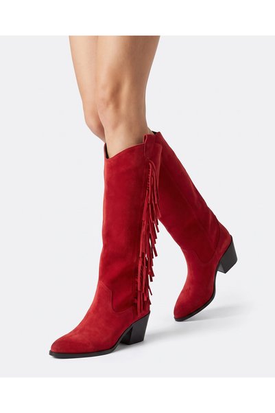 Tibu Ayakkabı Rosalia Red Suede Tasseled Western Boots