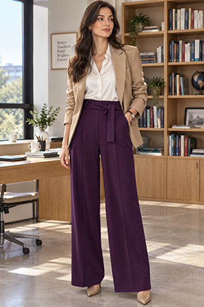 STYLENEST Kadın Mor Yüksek Bel Bağlamalı Geniş Paça Palazzo Pantolon Şık Ofis...
