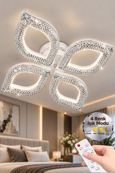Elora Home Yaprak Model Beyaz 4"lü Ledli 3 Renk Modu Kristal Salon Mutfak Yat...