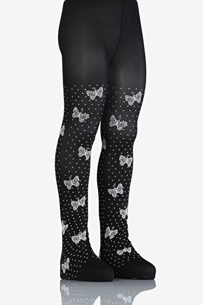 Dore Çorap Girl's Nature Patterned Glitter Printed Micro 50 Pantyhose - Black