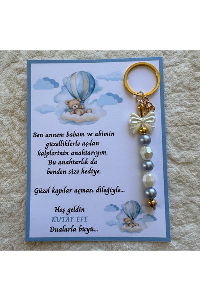 İ&DBABY 24 Adet İsme Özel Tasarım Mavi Boncuklu Fiyonklu Balon Ve Ayıcık Tema...