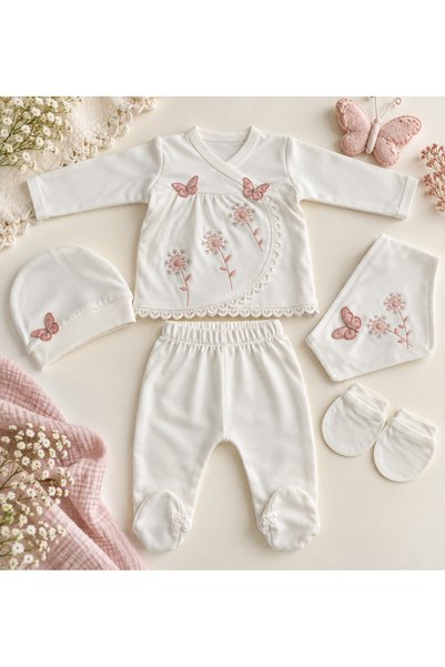 Baby Girl 5-Piece Newborn Hospital Discharge Set with Butterfly and Flower Embroidery in Box