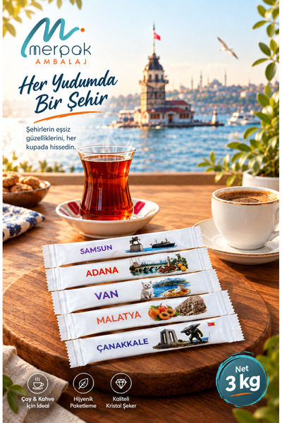 Merpak Ambalaj Stick Şeker Şehirler Baskılı 3 gr x 1000 Adet Renkli Baskılı Çubuk Şeker Net 3 Kg