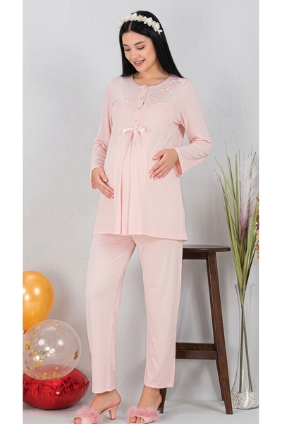 Taj Moda Kadın Pembe Düğmeli Kurdele Detaylı 2'li Loğusa ve Hamile Pijama Takımı