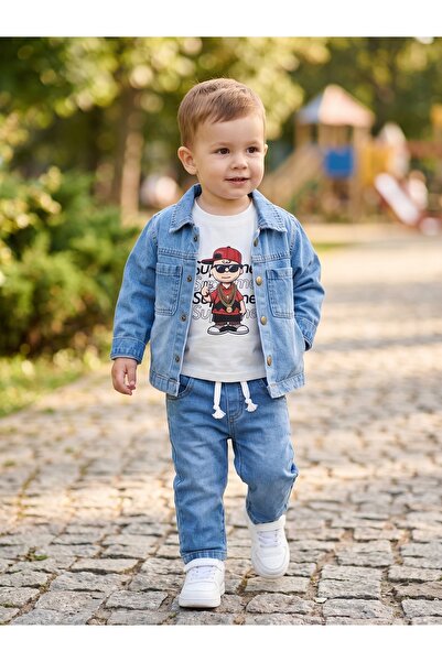 Deniva Kids Erkek Bebek Kot Ceket Sweatshirt ve Pantolon 3'lü Kot Takım Baskı...