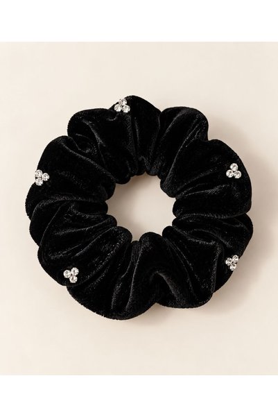 İnDerin Stone Detailed Black Velvet Scrunchie Hair Tie – Large Size
