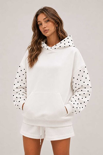 LG LAGULER Kadın Oversize Sweatshirt Hoodie Puantiye Kapüşonlu, Kanguru Cep, ...