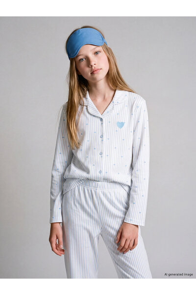 LC Waikiki Lcw Blue Shirt Collar Girls' Pajama Set