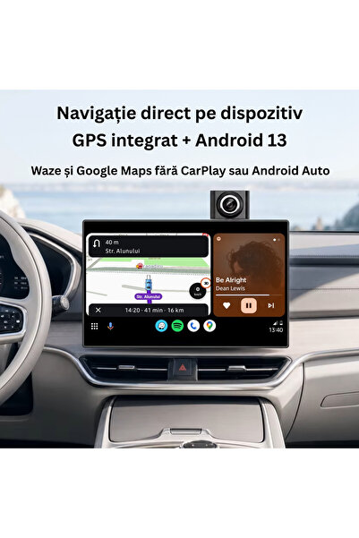 Empionics Navigație auto portabilă Android 13 Empionics ® Q12, 10.1 ", 4GB RAM, 64GB ROM, Octa-Core, GPS, WiFi, CarPlay și Android Auto wireless, Cameră DVR + Cameră spate, Bluetooth, Ecran divizat, Negru mat