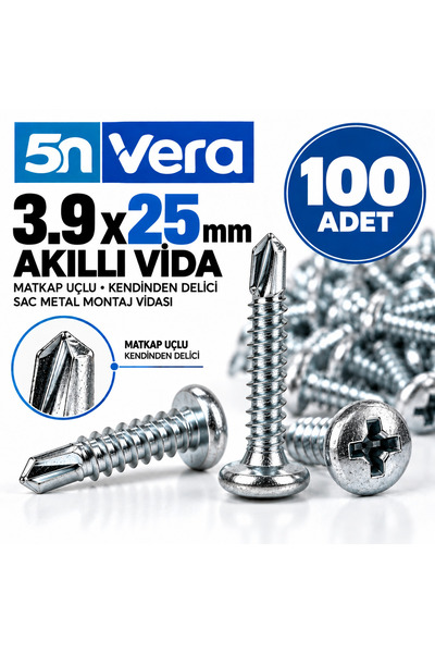 5N VERA 5N VERA 3.9x25 mm Akıllı Vida 100 Adet – Matkap Uçlu Kendinden Delici...