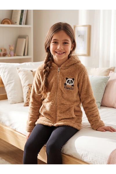 Deniva Kids Çocuk Bisküvi Kahverengi Panda Nakışlı Pelüş Fermuarlı Kapüşonlu ...