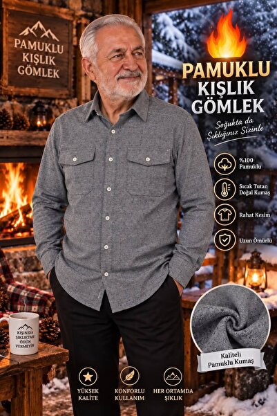 Qett Çift Cepli Kapaklı Falanel Pamuklu Uzun Kol Kışlık Erkek Gömleği