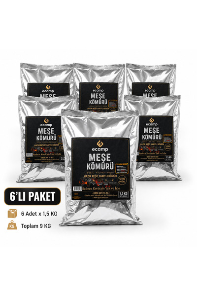 ECAMP 100% DOĞAL TEK KİBRİTLE TUTUŞAN MEŞE KÖMÜRÜ 1.5 KG x 6 ADET ÇOKLU PAKET