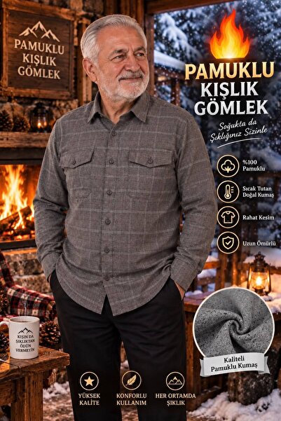 Qett Çift Cepli Kapaklı Falanel Pamuklu Uzun Kol Kışlık Erkek Gömleği