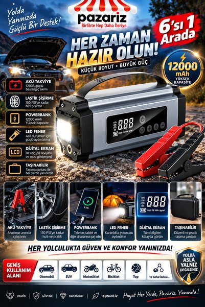 pazariz 12000mAh 2000A Akü Takviye Cihazı Jump Starter, 150 PSI Dijital Lastik Şişirme Kompresörü, Powerbank, LED Fener, LCD Ekran 6'sı 1 Arada