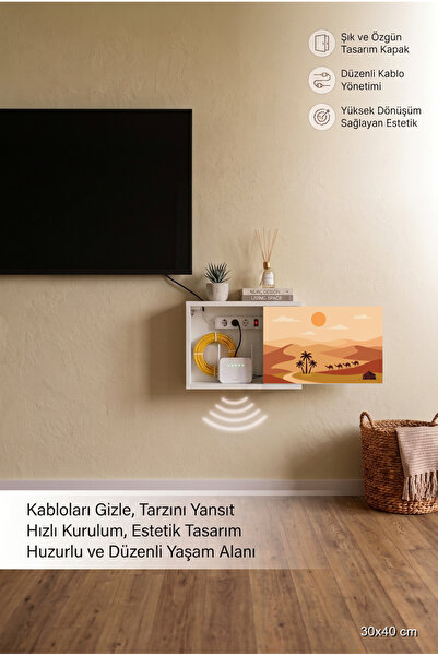 wudie Modern ve Şık İskandinav Ahşap Duvar Tipi Modem Saklama Dolabı Kablo Dü...