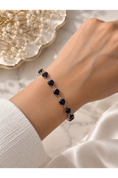 Lilith Takı Women's Silver Color Black Heart Stone Elegant Bracelet – Stylish...