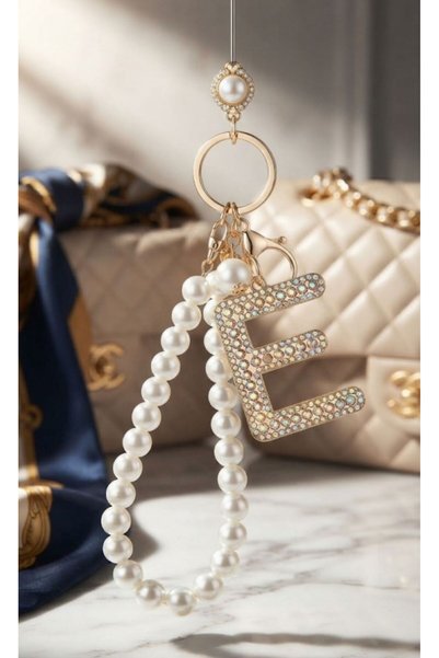 HOŞGÖR ACCESSORIES Zircon Stone and Pearl Detailed Letter Keychain & Bag Acce...