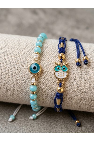 Pine 2 Pieces of Blue Evil Eye Beaded and Owl Lucky Bracelets with Drawstring