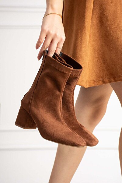 dabab shoes LARA Kadın Taba Süet Streç Küt Burun Fermuarlı 6 Cm Kalın Topuklu...
