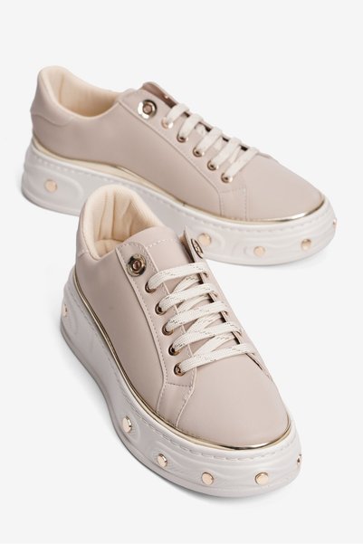 Mubiano Women's Nubuck Sneaker Thick Sole Lace-Up Gold Detailed Vika Beige