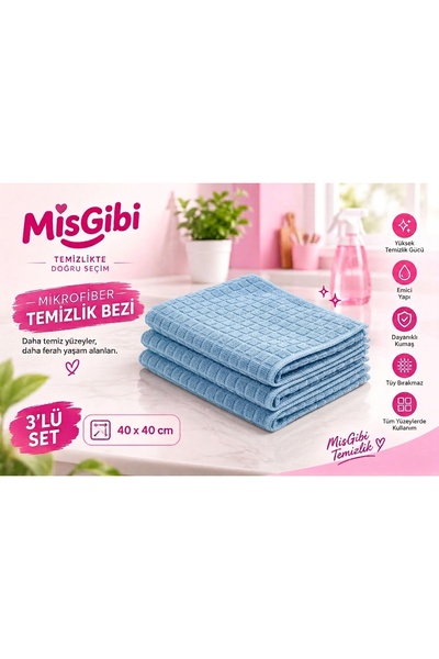 MisGibi Profesyonel 3'lü Mikrofiber Temizlik Bezi – Kareli Doku, Güçlü Emicilik, İz ve Tüy Bırakmayan Çok Amaçlı Bez