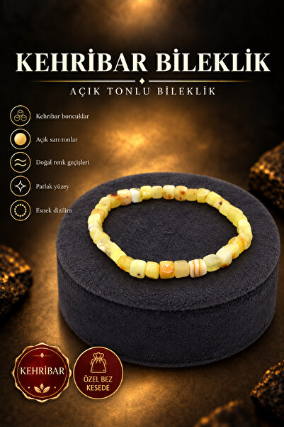 Kaya Kehribar Bileklik Orijinal Garantili Açık Sarı Tonlu Doğal Renk Geçişli El Yapımı Esnek Dizilim