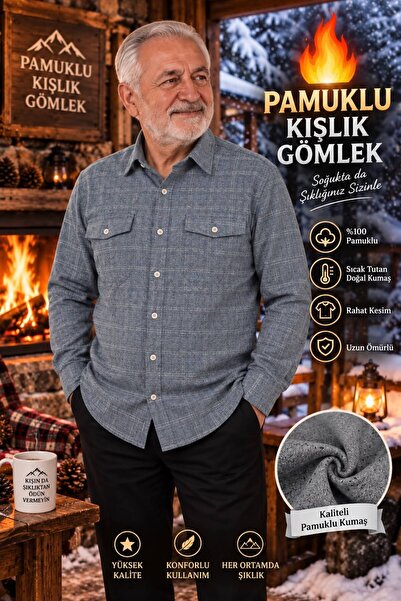 Qett Çift Cepli Kapaklı Falanel Pamuklu Uzun Kol Kışlık Erkek Gömleği