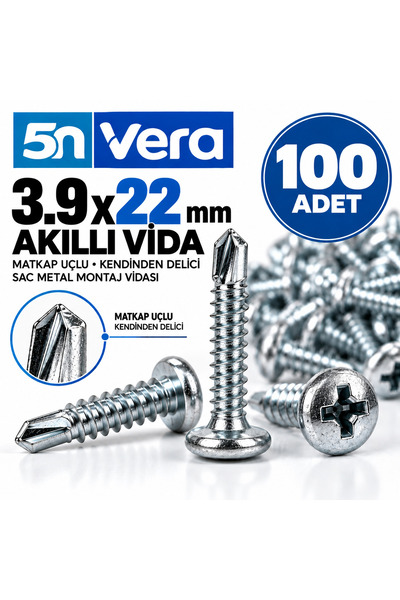 5N VERA 5N VERA 3.9x22 mm Akıllı Vida 100 Adet – Matkap Uçlu Kendinden Delici...