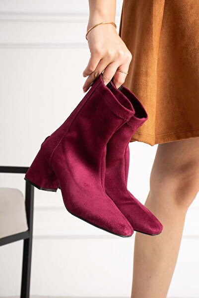 dabab shoes LARA Kadın Bordo Süet Streç Küt Burun Fermuarlı 6 Cm Kalın Topukl...