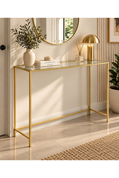 Trendmiz ZARİF Gold şeffaf Camlı Dresuar Metal Konsol Modern Antre ve Salon D...