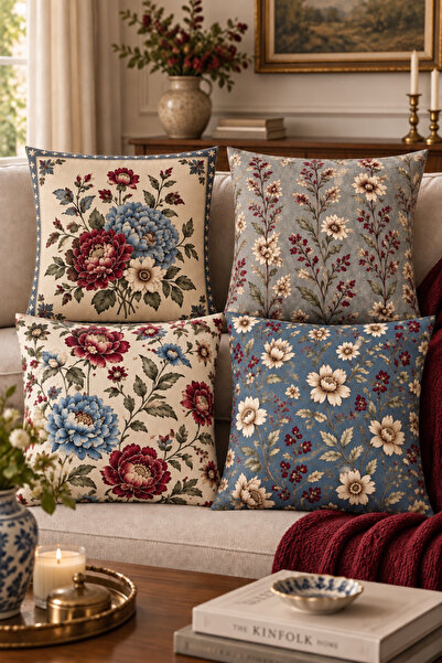 Elay Tekstil Krem Gri Mavi Çiçekli Kırlent Kılıfı 4’lü Set – Vintage Dekorati...