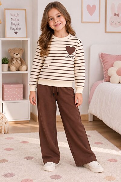 ALİŞ KİDS Girl's Cotton Brown Striped Heart Embroidery Patterned Long Sleeve ...