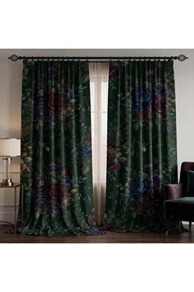 Koyu Çiçekli Perde Paneli, Kasvetli Botanik Perdeler, Vintage Zümrüt Yeşili Home Dekor