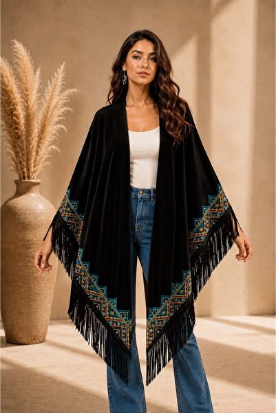 butikhola شال مثلث الشكل مزين بالشراشيب وبنقشة عرقية من المخمل الأسود