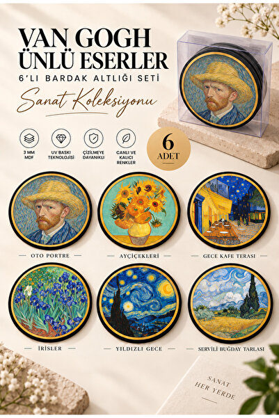 NCPUZZLES Van Gogh Famous Works Set of 6 Wooden Coasters – 10 Cm, Art Series