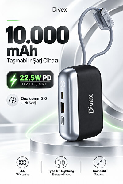 Divex 10000 mAh 22.5W Hızlı Şarj Powerbank – Entegre Type-C ve Lightning Kabl...