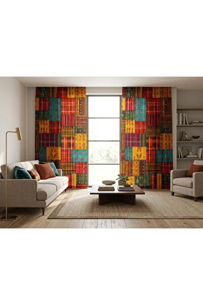 Bohem Patchwork Perdeler, Renkli Ekose ve Çiçekli Pencere Perdeleri, Pas Rengiik Cottagecore Salon P