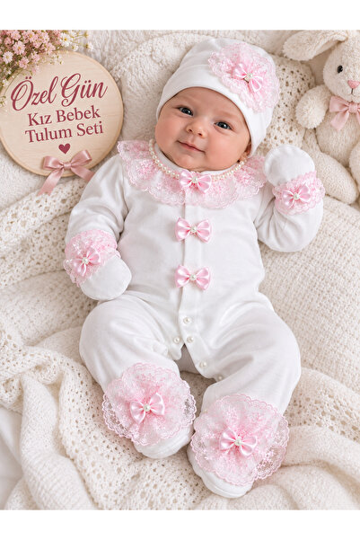 ÖZEL GÜN KIZ BEBE TULUM FİSTO FİYONK VE İNCİ DETAYLI MEVLÜTLÜK TULUM SETİ BEBE TAKIMI