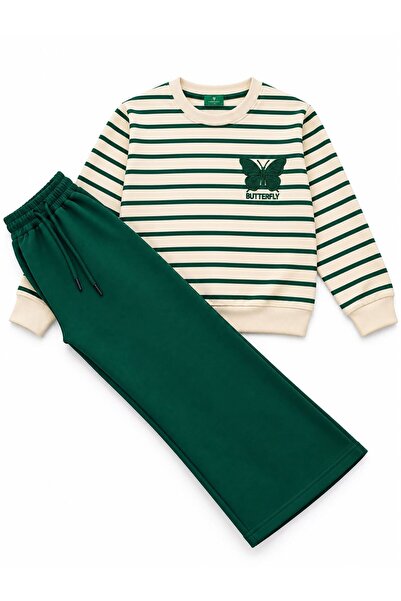 ALİŞ KİDS Girl's Cotton Green Striped Embroidery Patterned Long Sleeve Wide L...