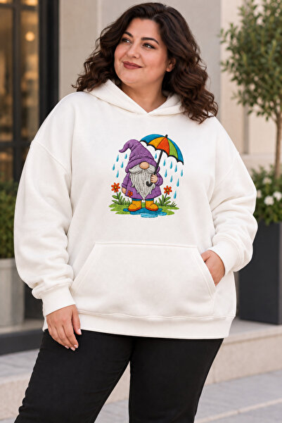 Rubonia Kadın Büyük Beden Oversize Sevimli Cüce Baskılı Kapüşonlu Sweatshirt ...