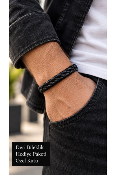 HER ŞEY NOTA www.herseynota.com Elsario Blackplait Black Leather Men's Bracel...