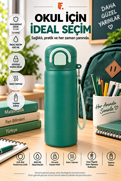 Çocuk Termosu 600 ML İster Pipetli İster Pipetsiz Matara SUS 304 Paslanmaz Çelik Kilitli Kapaklı Okul Su Matarası Askılı