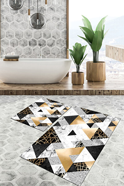 Kolay Temizlenebilir Kaymaz Taban 4 mm Süngerli Yıkanabilir ikili Banyo Paspas Takımı (40x60-60x90)