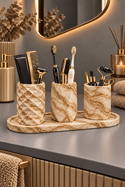 betonmall Beton Banyo Seti 4 Parça Tepsili Organizer Diş Fırçalık El Yapımı M...