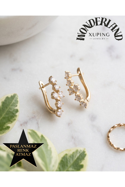 Trend Kadın Küpe - 14K Altın Renginde - Turbanlı Kullanıma Uygun - Zirkon Taşlı - Kararmaz