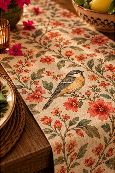 SasoHome Birdsong Garden | Kuş ve Kır Çiçekleri Desenli Terracotta Botanik Dekoratif Masa Runner