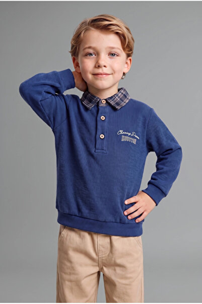 DeFacto I1943A5In176 Indigo Plaid Polo Collar Long Sleeve Top Wide Cut Bottom...