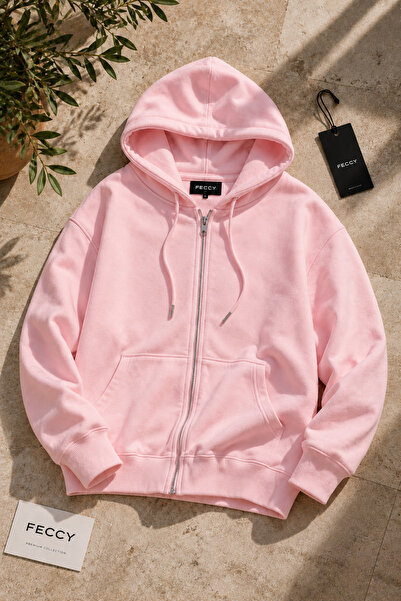 FECCY Premium Unisex Kapüşonlu Fermuarlı Cepli Üç İplik Oversize Hırka Sweats...
